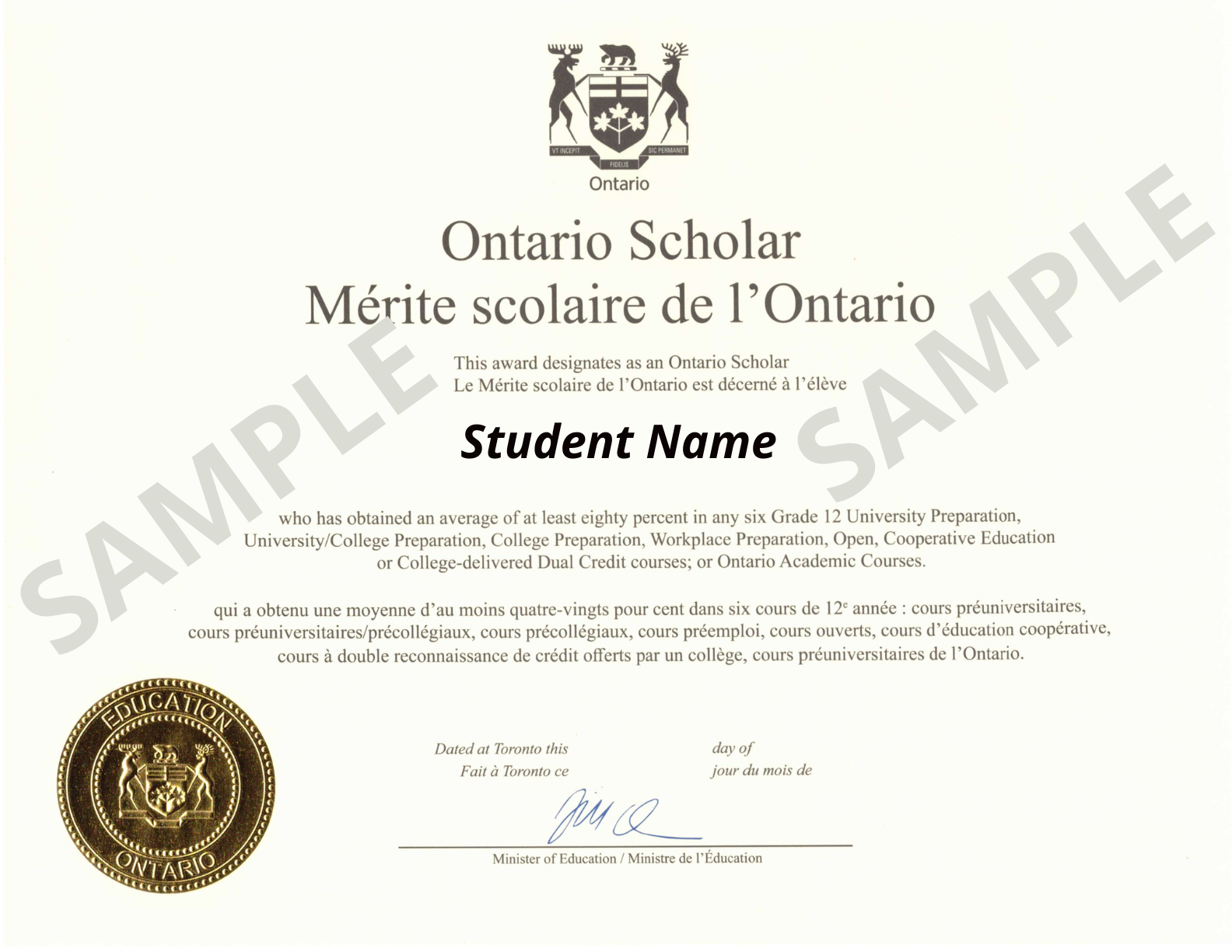 Ontario Scholar Certificate